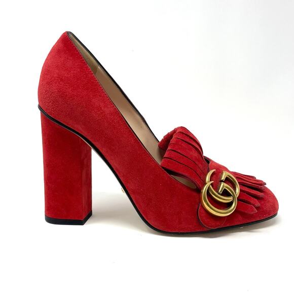 Gucci Marmont Interlocking GG Red Suede Leather Block Heel Fringe Pumps EU 37.5 - Picture 1 of 14
